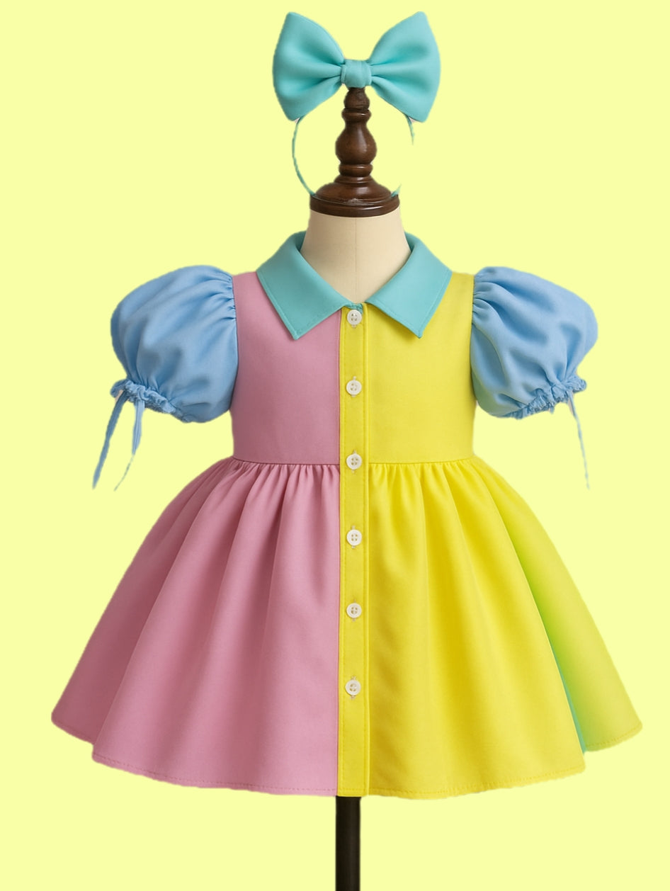 Bebo Pastel Rainbow Puff Sleeve Dress With Bow Headband